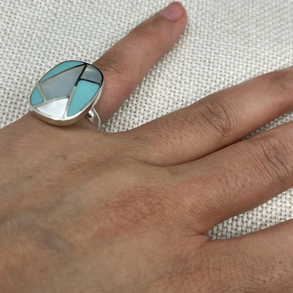Vintage Thai 925 Sterling Silver Natural Turquoise MOP Inlay Ring Size 6 - Picture 8 of 16